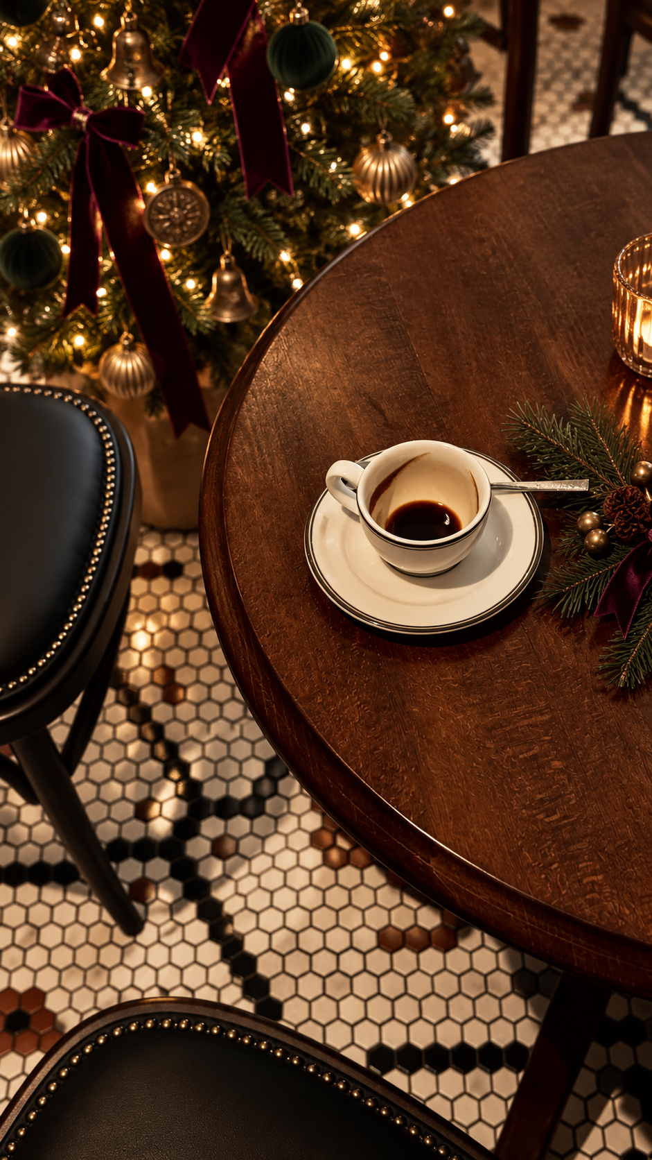 An intimate French café table beside a Christmas tree dressed in aubergine velvet ribbon and antique brass ornaments