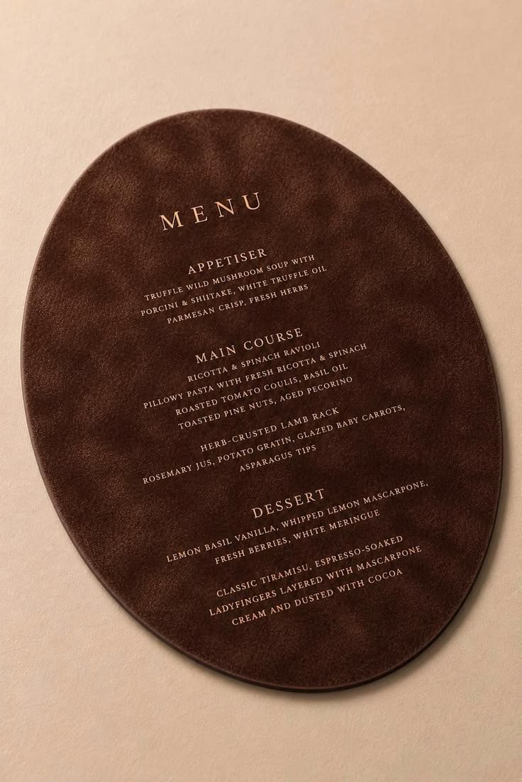 An oval brown suede menu with elegant gold lettering