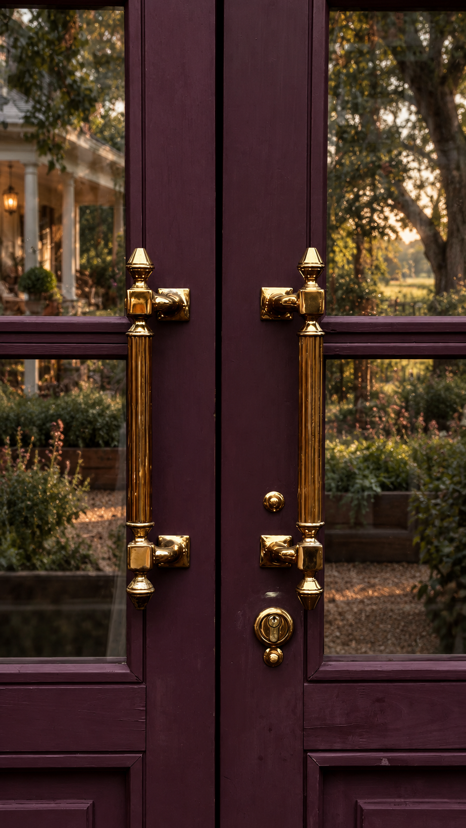 Deep aubergine double doors with antique brass handles and a glimpse of the future Floral and Spice grounds beyond