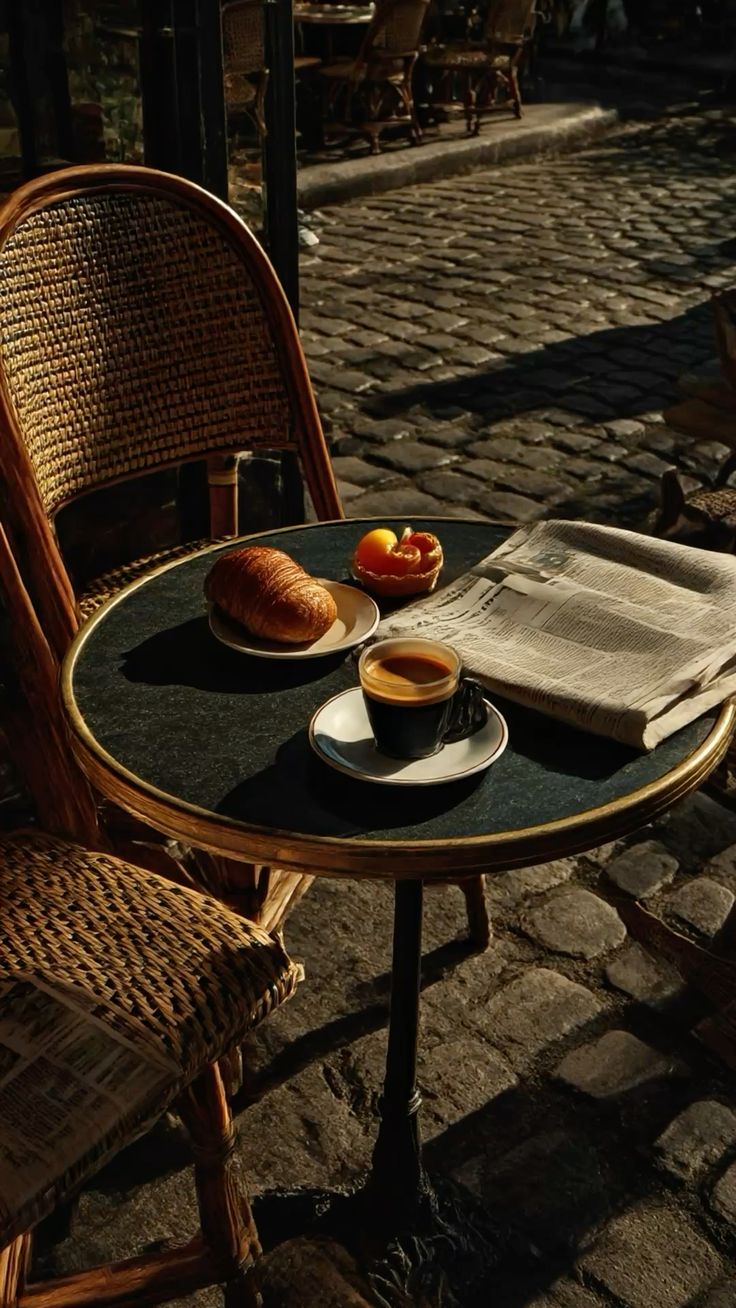 Espresso, a croissant, and a newspaper on a deep green Paris café table