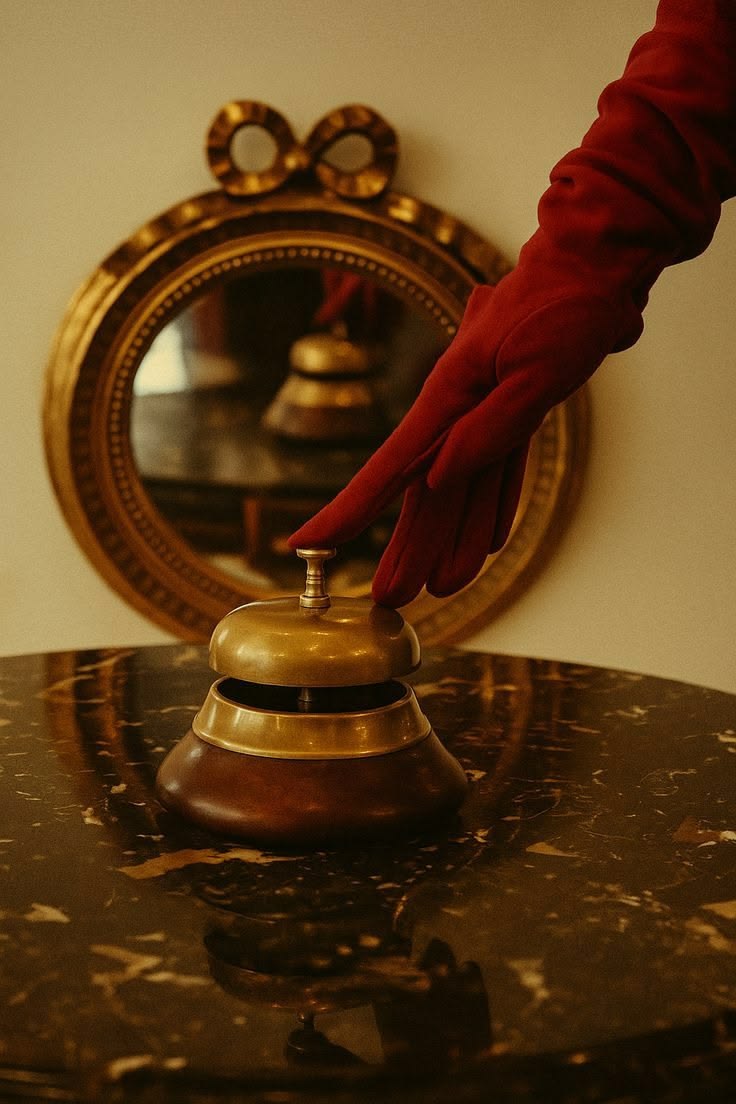 A red-gloved hand ringing a vintage brass service bell