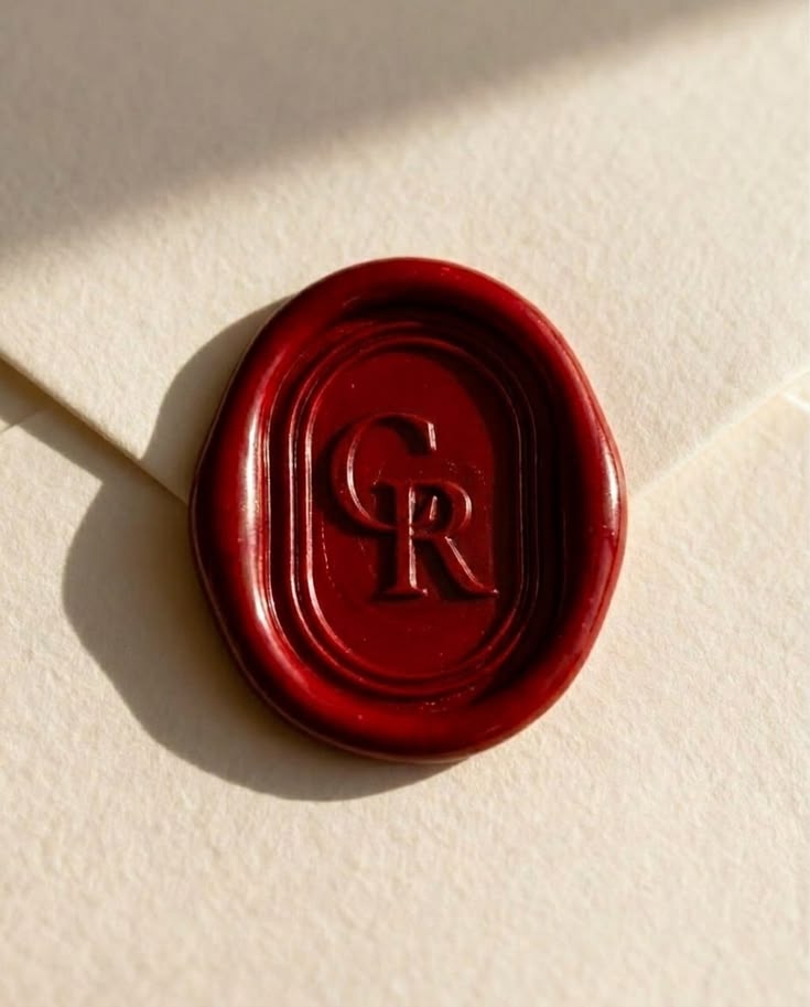 A burgundy wax seal on warm cream paper