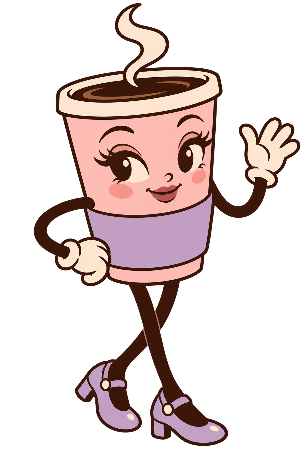 Your cheerful coffee-cup hostess waves hello