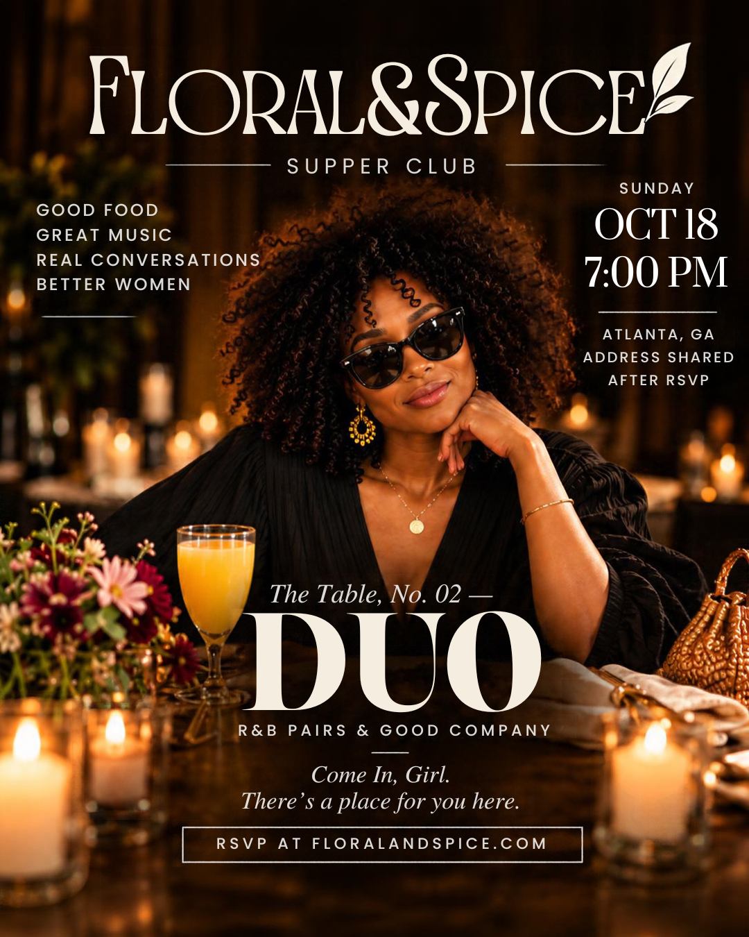 Floral and Spice DUO supper club invitation for October 18 in Atlanta