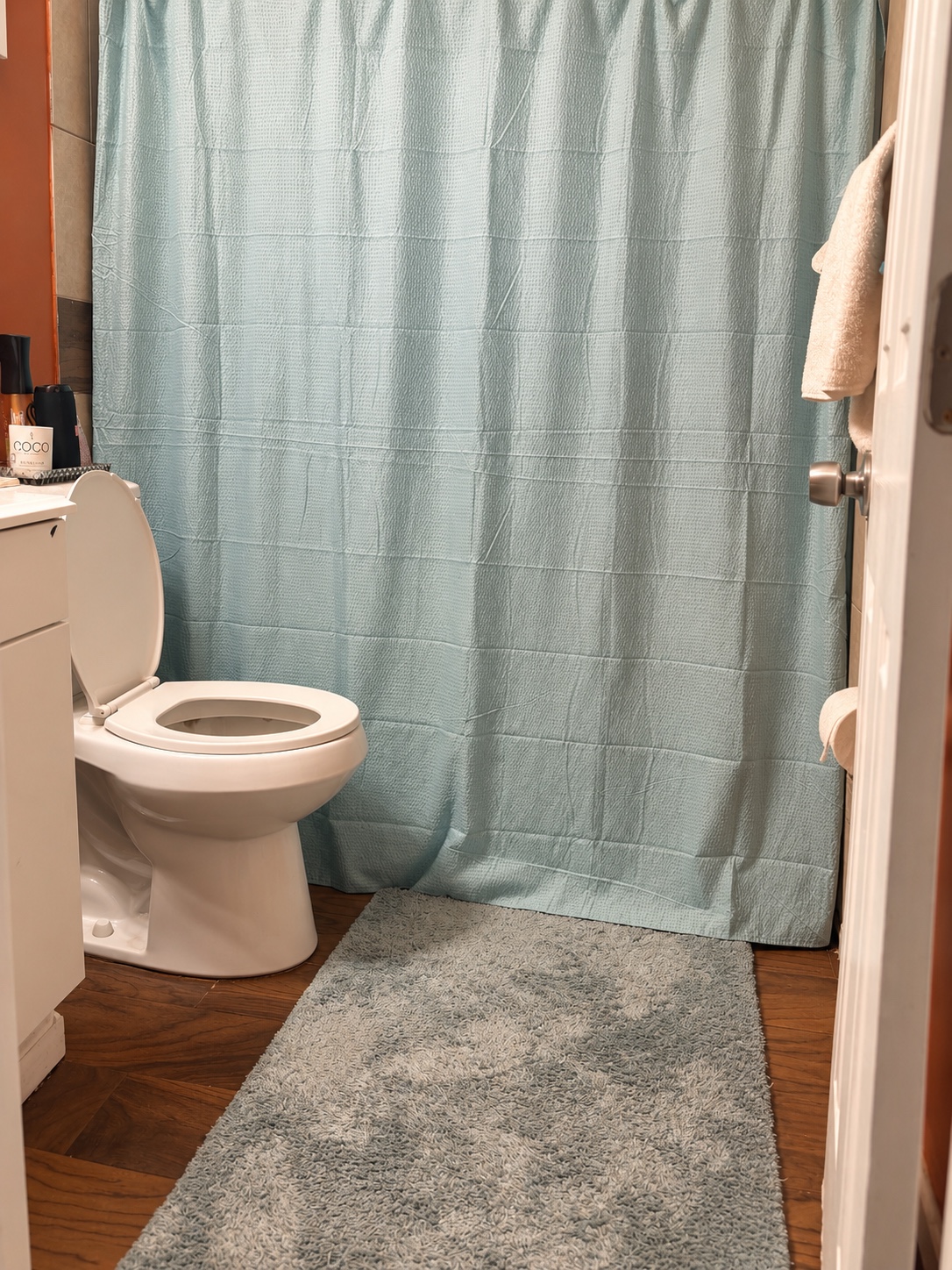 A quiet bathroom with a pale blue shower curtain and an open toilet