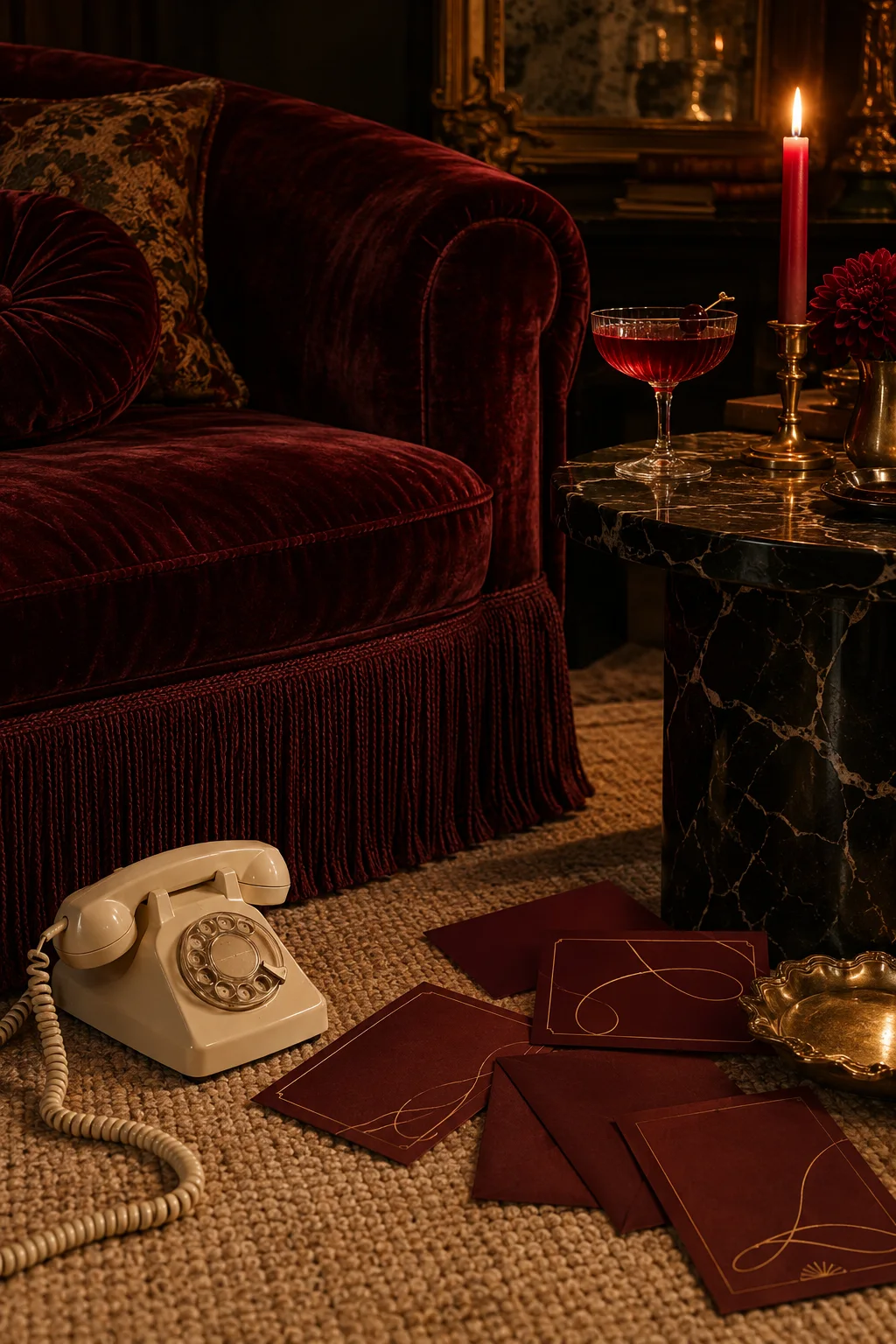A fringe-trimmed burgundy velvet settee beside a vintage telephone, cocktail, candle, and oxblood invitations